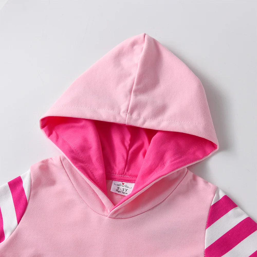 VIKITA Girls Hooded Dress Kids Pink Thick 100% Cotton Street Style Dresses Kids Pink Long Sleeve Autumn Spring Staight Frocks