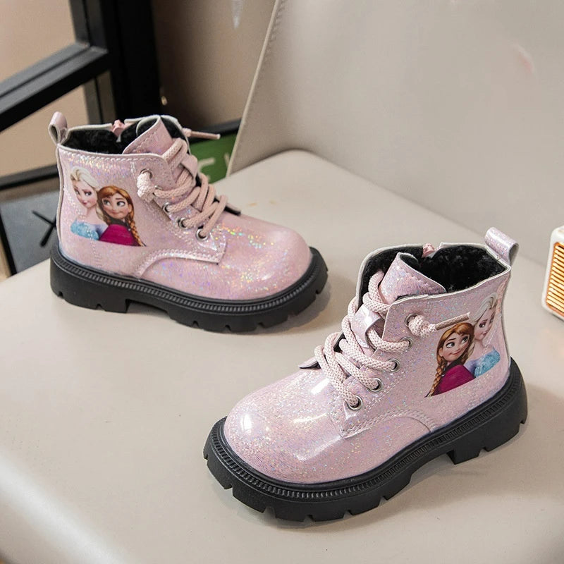 Kids'Casual Shoes Boots PU Leather Cartoon Elsa Spring Shoes For Girls Anti-slip Soft Bottom Black Pink Shoes Size 23-34