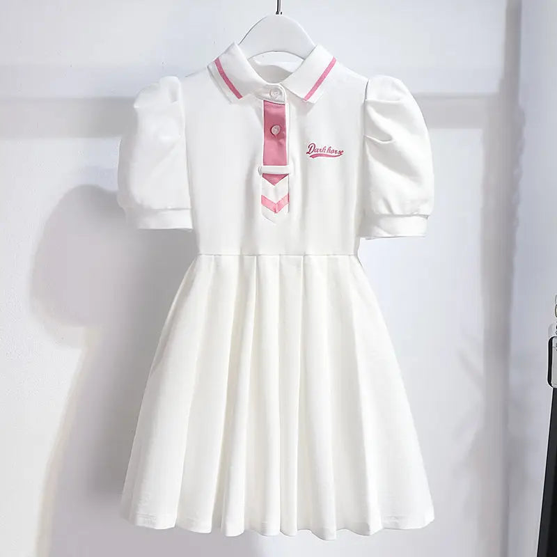 4-9Years Children Summer Dress Turn-Down Collar Girls Short Sleeve Solid Color Letter School Style Fashion Kid Dress