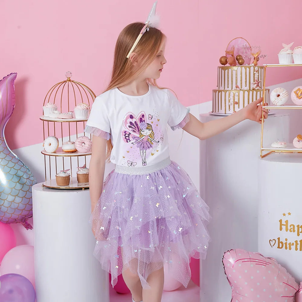VIKITA Girls Butterfly Sequins Appliqued Skirts Kids Purple Irregular Performance Prom Gown Party Princess Cute Cake Mini Skirts