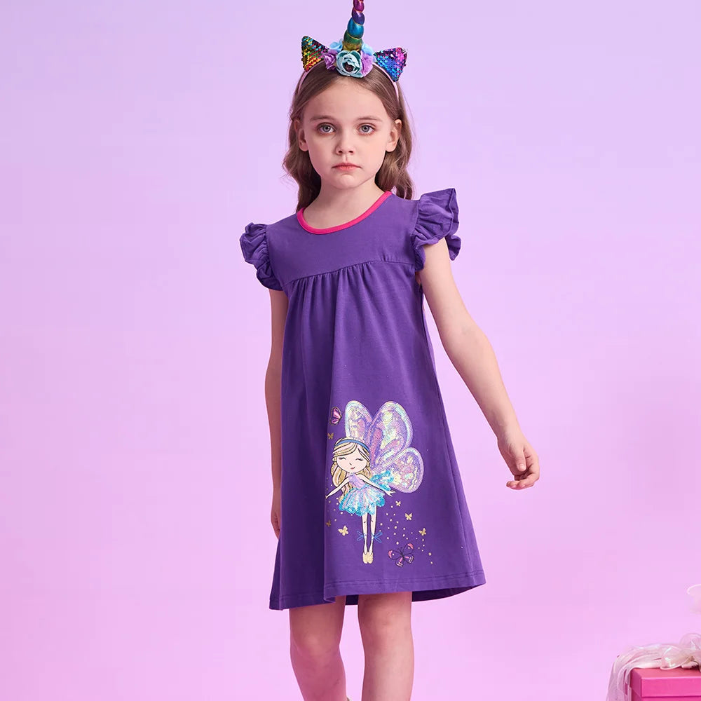 VIKITA Girls Summer Flare Sleeve Cotton Casual School Daily Frocks Purple Fairy Elf Butterfly Sequins Sparkling Straight Dress