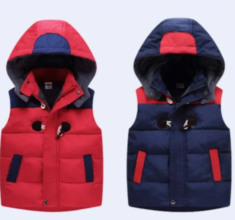 Kids' Autumn Winter Thickened Cotton Hooded Vest with Detachable Hood Soft Lambswool Lined Stand Collar Outerwear for Boys