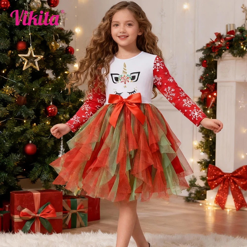 VIKITA Girls Christmas Unicorn Dress Kids Long Sleeve Snowflake Print Tutu Dress with Red Green Tiered Tulle Skirt for Xmas