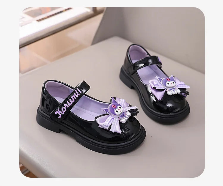 Kids'Sandals Kuromi PU Leather Bow Flat Spring Shoes For Girls Anti-slip Soft Thick Bottom White Black Shoes Size 26-36