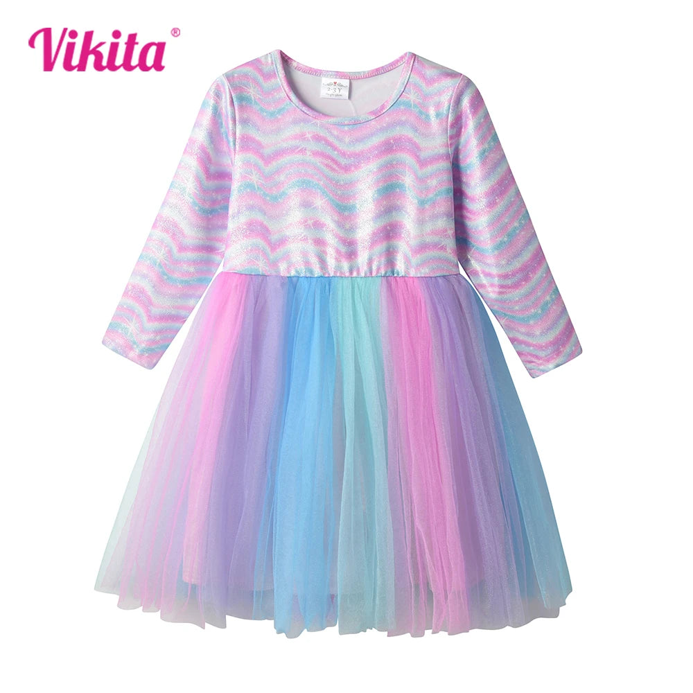 VIKITA Girls Autumn Spring Long Sleeve Dress Kids Rainbow Print Striped Dresses Girls Casual Daily Travel Princess Vestidos