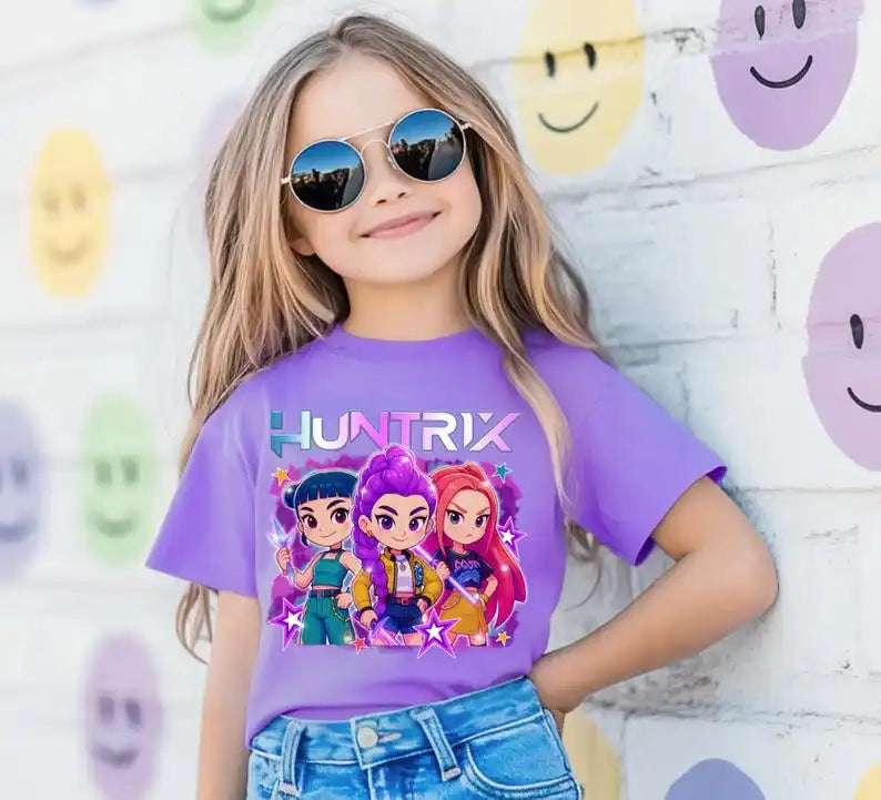 2025 Hot Huntrix Kpop Demon Hunters T-Shirt for Boys Girls Fans Gift Summer Crew Neck Short Sleeve Tees Fashion Kids T-shirt