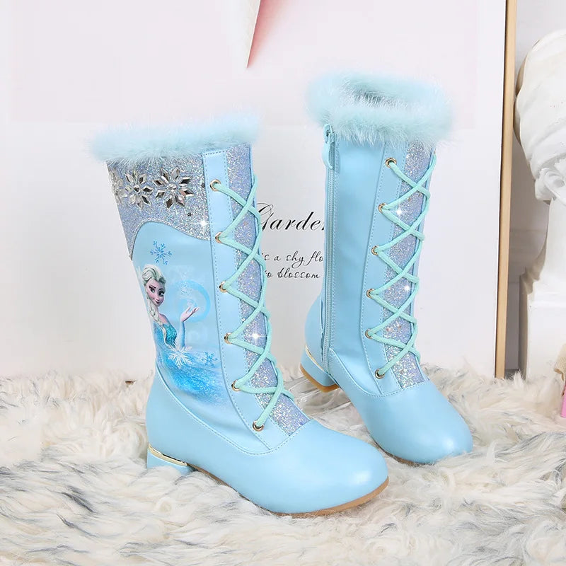 Disney Girls' Leather Boots Winter Cartoon Frozen Boots Side Zipper High Plush Princess Elsa Boots Warm Children's Boots Size 27