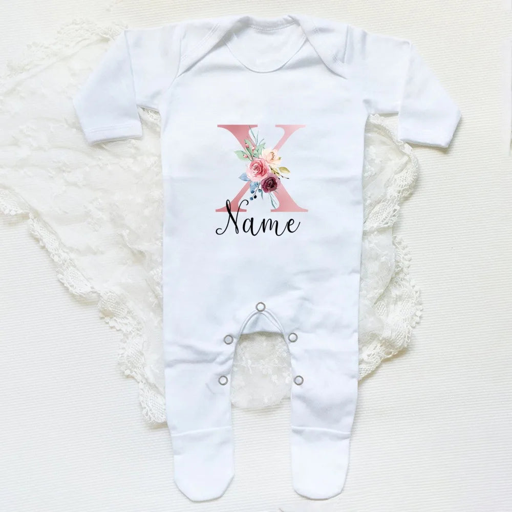 Personalised Babygrow Sleepsuit Flower Initial Infant Romper Baby Coming Home Outfit Newbron Shower Gift Baby Girls Sleepsuit