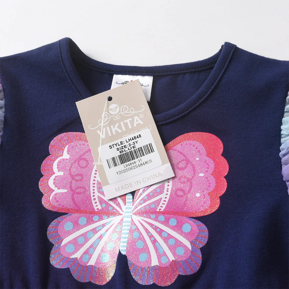 VIKITA Toddlers Polka Dot Colorful Butterfly Ruffled Sleeved Dress Kids Gradient Pink Mesh Tulle Princess Birthday Party Frocks