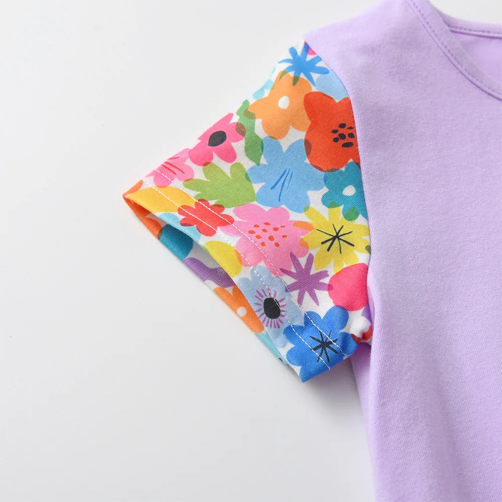 VIKITA Girls Clothing Sets for Summer Kids Rabbit Floral Print Cotton Short Sleeve T Shirt and Pants 2 Pcs Suit Clothes Sets