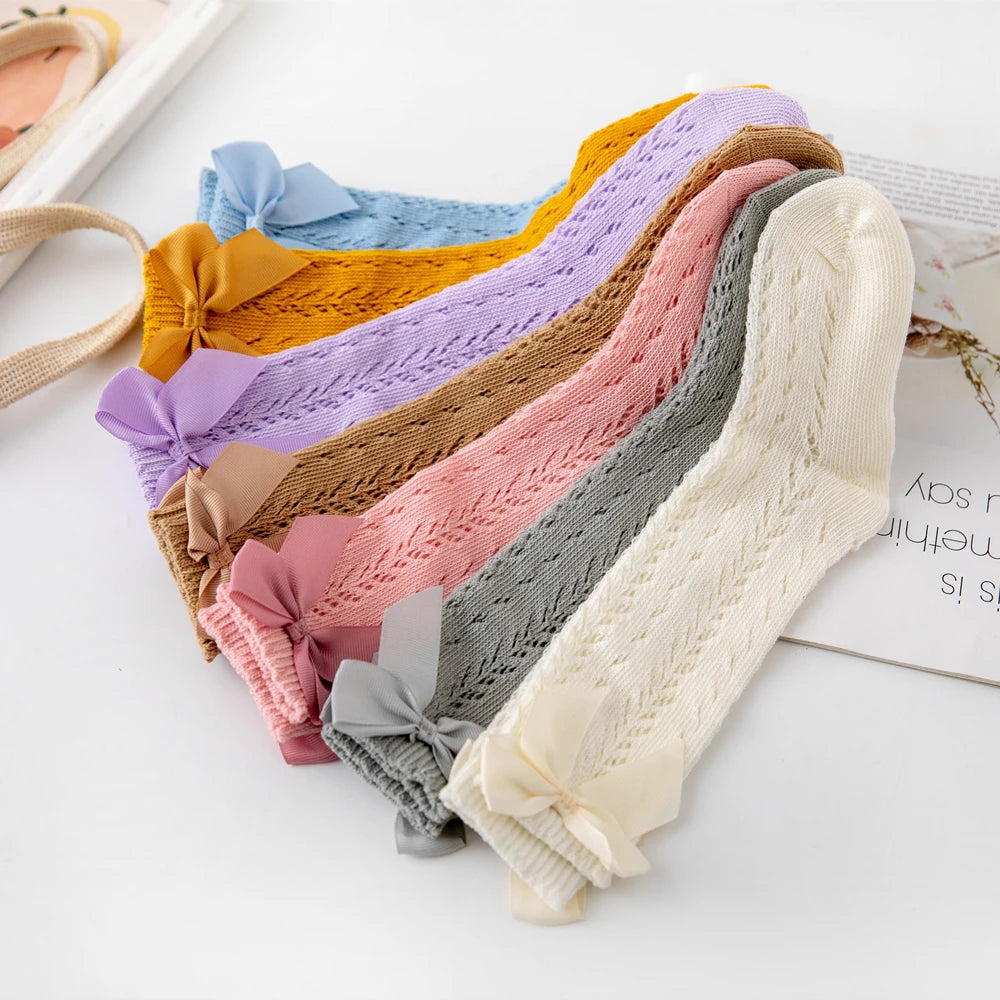 1 Pairs Summer Bow Baby Girls Socks Toddler Long Sock Infant Knee High Cotton Mesh Spanish Style Breathable Socks For 0-8Years