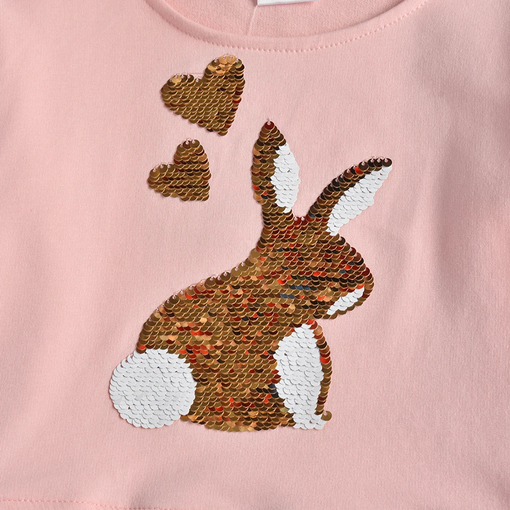 VIKITA Girl Long Sleeve Autumn Spring O Neck T Shirt Kids Rabbit Sequined Appliqued Cotton Casual Tops and Tees Children Clothes