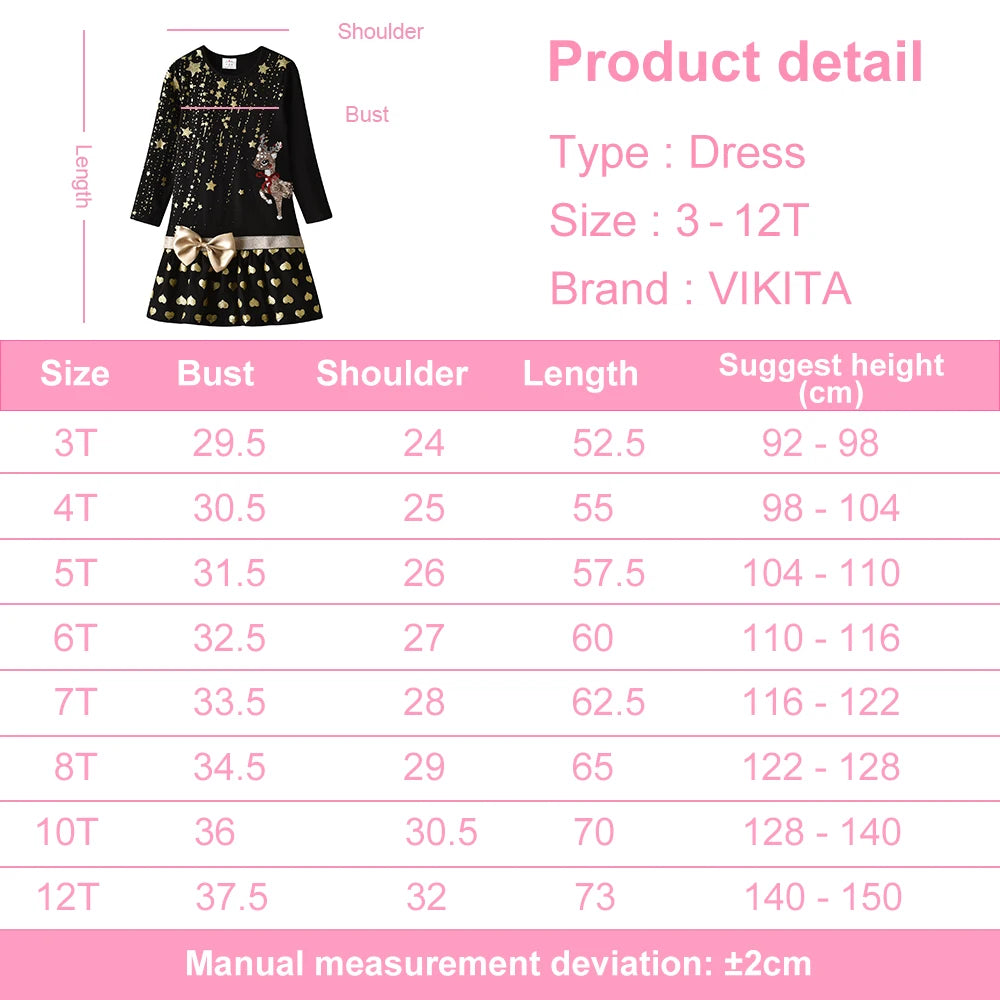 VIKITA Girls Christmas Dress Kids Golden Stars Reindeer Sequined Appliqued Festival New Year Holiday Party Bow Knot Gift Dresses