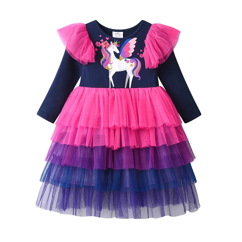 VIKITA Girls Unicorn Print Cartoon Dress Kids Flare Sleeve Prom Gown Girls Gradient Layered Mesh Tulle Tutu Princess Vestidos
