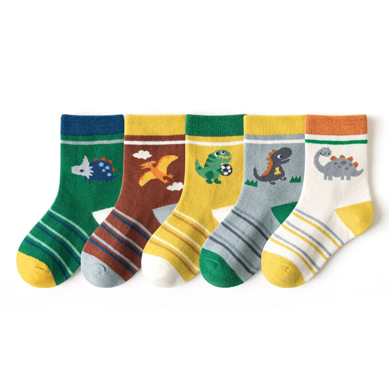 5/10 pairs/lot Kids Casual Socks for Boys 2025 New Cartoon Dinosaur Print Children Ankle Short Breathable Cotton Toddler Sock