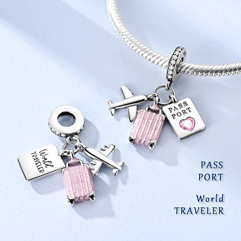 Pink Series Original 925 Sterling Silver Charm Bead Travel Airplane Pendant Fit Original Bracelet Necklace For Women DIY Gift
