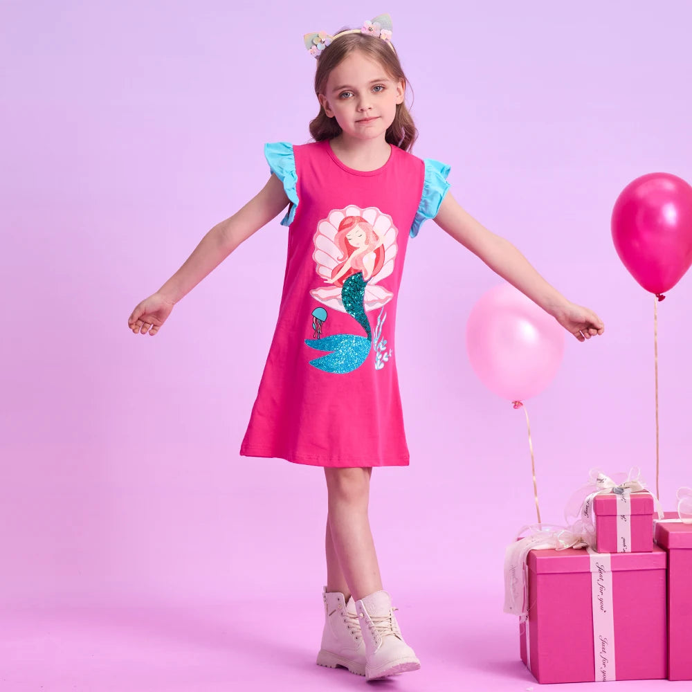 DXTON  Summer Kids Dresses For Girls Cartoon Toddler Clothing Everyday Children Dress Mermaid Sequin Princess Girls Casual Wear