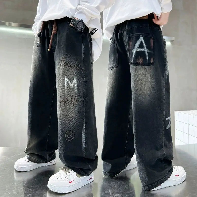 Boys' Trendy Streetwear Jeans for Spring/Fall - Loose Fit Straight-Leg Wide-Leg Denim Pants for Boys 8-14