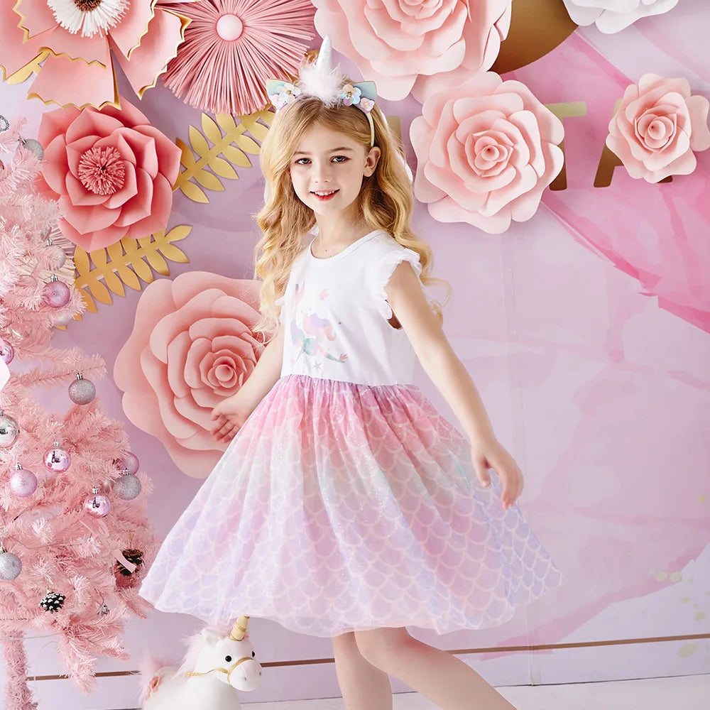 VIKITA Kids Mermaid Print Cartoon Dress Girls Gradient Vacation Birthday Party Casual Princess Flare Sleeve Summer Dresses 3-8 Y