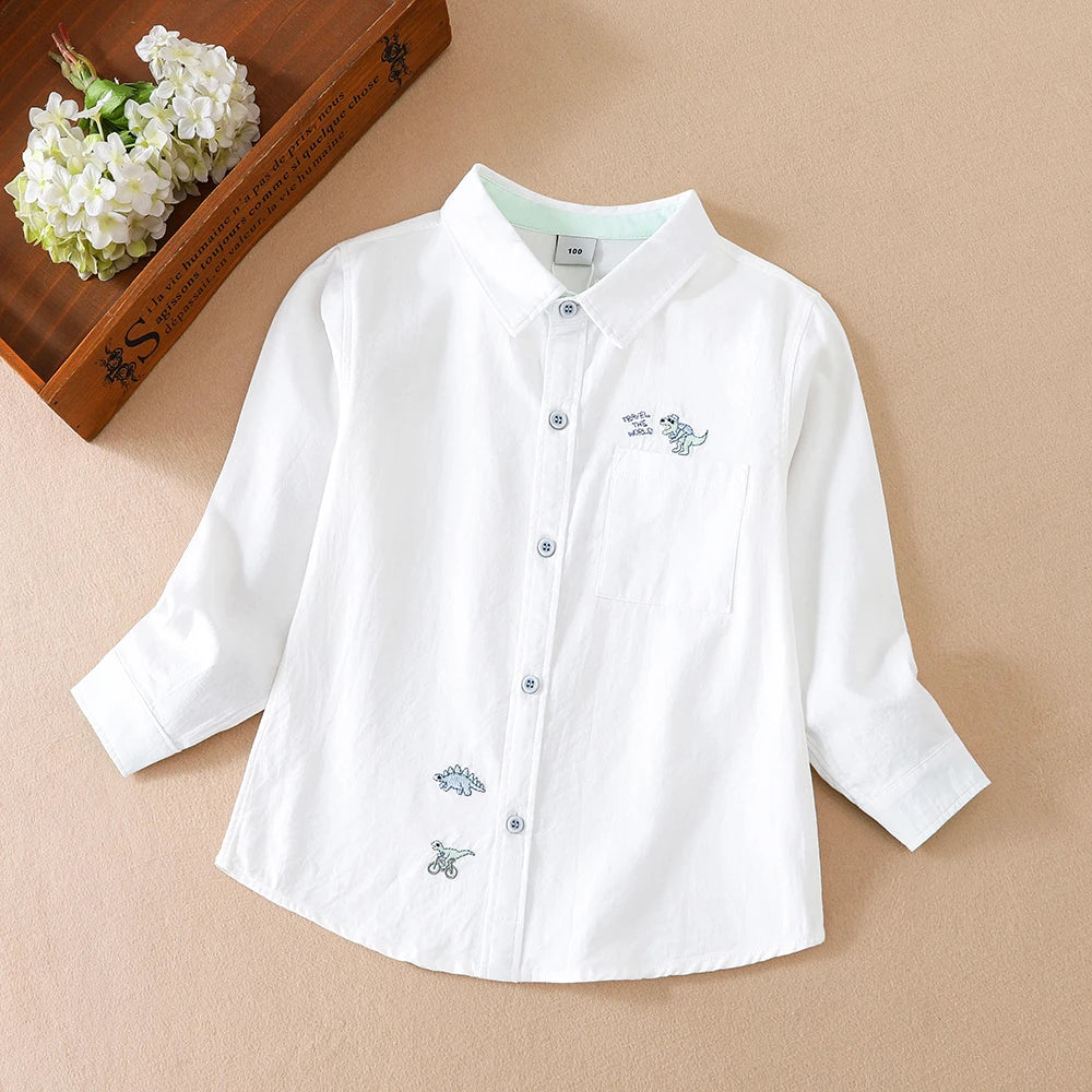 Toddler Boys' White Dinosaur Embroidered Casual Shirt Long Sleeved Clothes for 2-6 Years Old