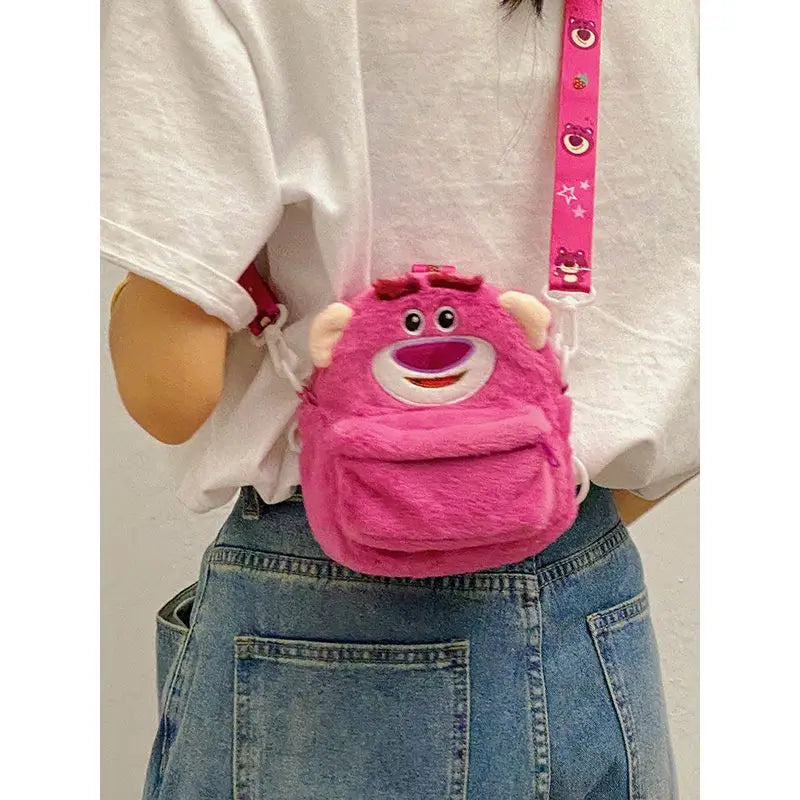 Disney Strawberry Bear 2025 New Girl Plush Backpack Cartoon Children Plush Messenger Bag Fashion Trend Girls Coin Purse