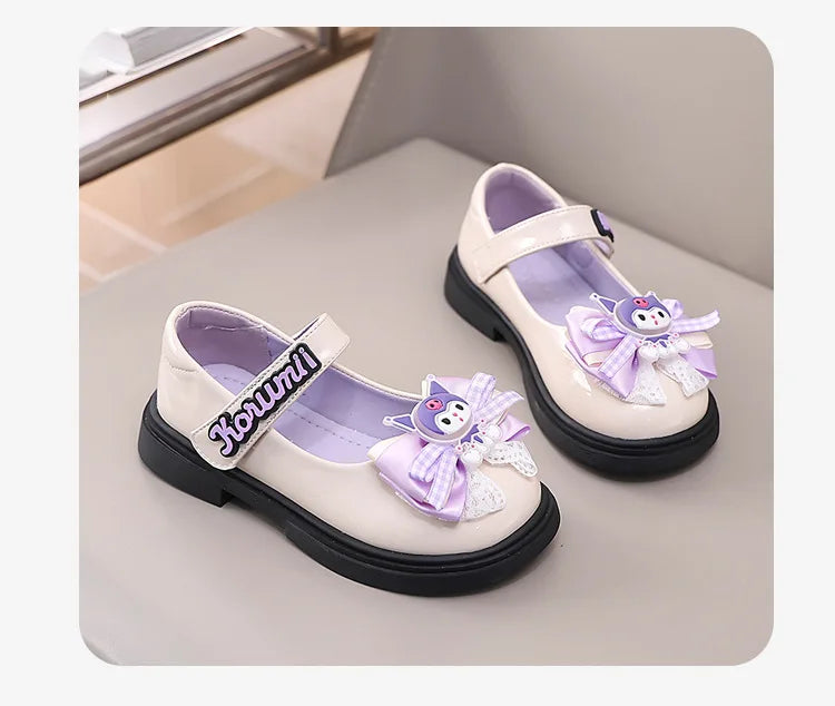 Kids'Sandals Kuromi PU Leather Bow Flat Spring Shoes For Girls Anti-slip Soft Thick Bottom White Black Shoes Size 26-36