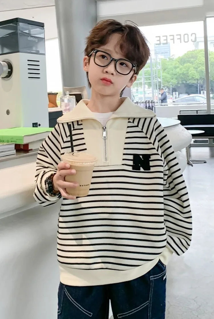 Boys' Medium-Large 2025 Spring/Autumn Korean Style Large Collar Black & White Striped No Hood Sweatshirt