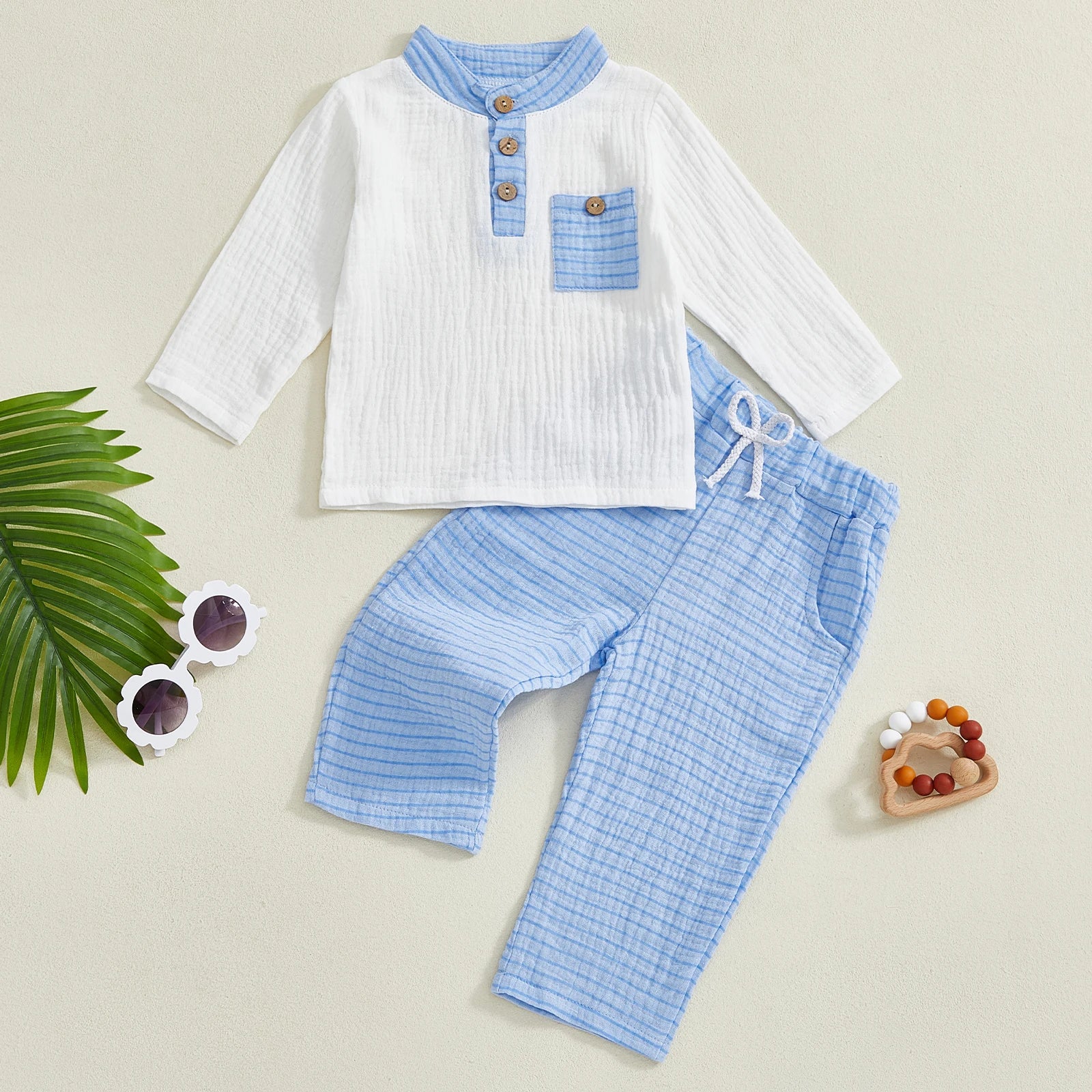 Adorable Infant Autumn Apparel Set Stylish Button-Up Shirt Matching Striped Trousers with Handy Pocket 2 Piece Ensemble