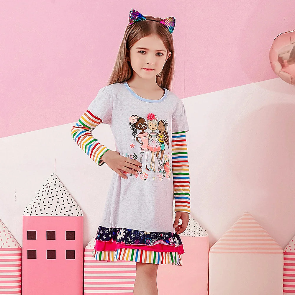 VIKITA Kinder Baumwoll-Freizeitkostüme Kleinkinder Herbst Frühling Minikleid Kinder Blumen Puppenmuster Regenbogen Prinzessin Alltagskleidung