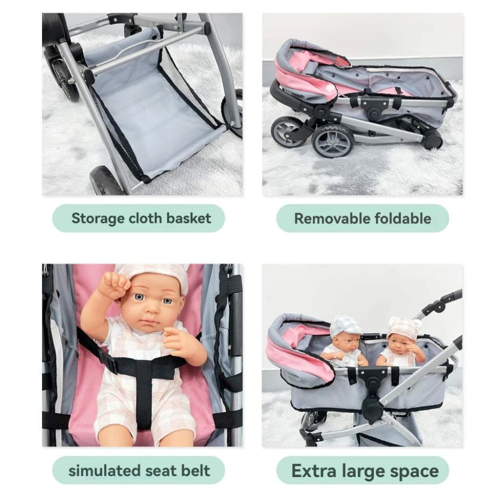 2-in-1 Baby Doll Stroller with Canopy Storage Basket Doll Pushchair Trendy Pram Kids Pretend Play Toy Fits Dolls Up to 18"/45cm