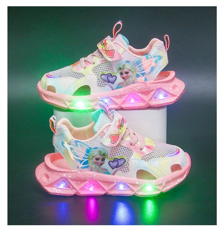 Disney Children's Sandals Women's Summer Girls' Sandals Led Lights Kids' Baby Princess Elsa Beach Pink Purple Shoes Size 22-37