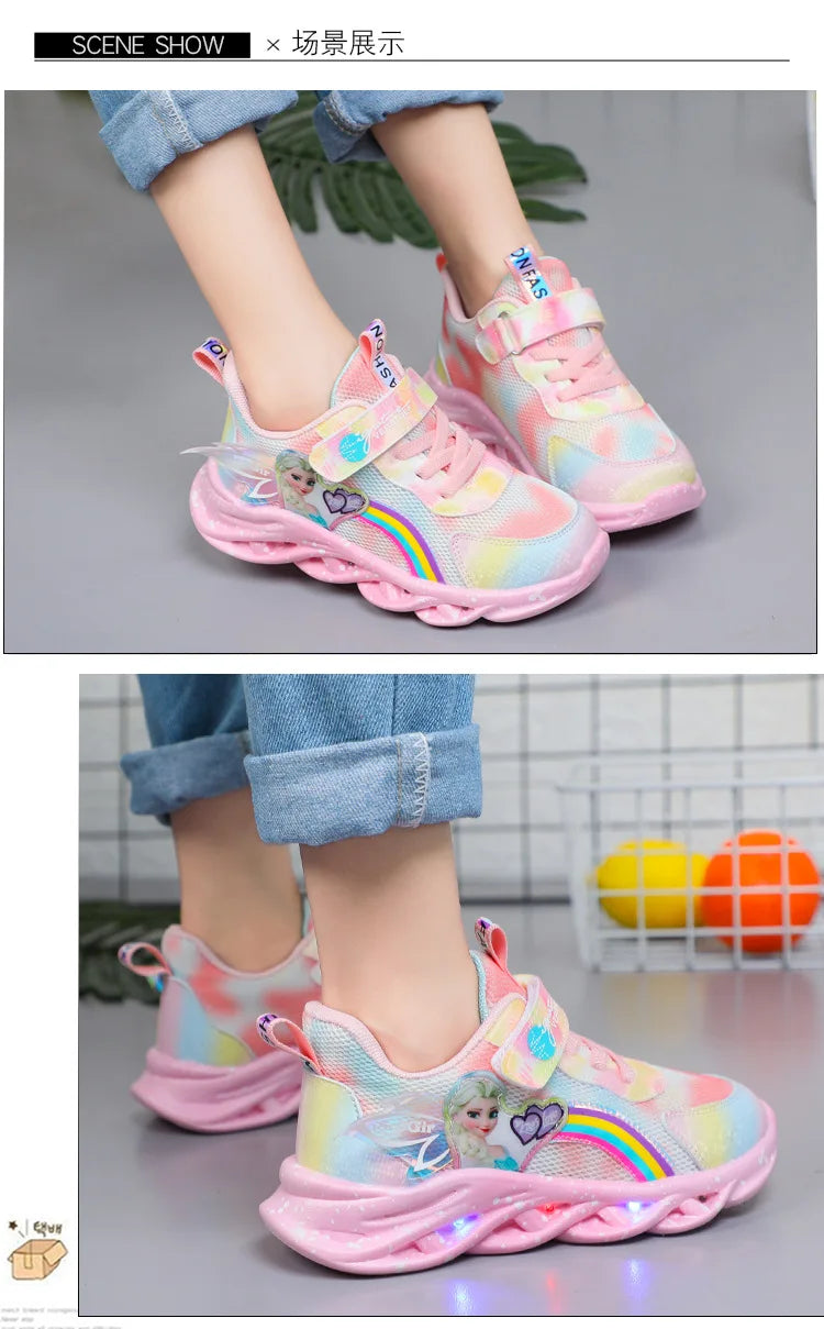 Disney Girls' Casual Shoes Led Lights Mesh Breathable Children's Sports  Princess Elsa Pink Purple Shoes Sneakers Size 22-37