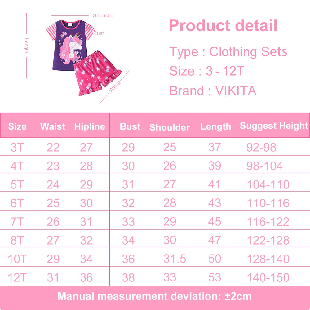 VIKITA Children Clothing Sets for Summer Kids Unicorn Flower Print Short Sleeve T Shirts and Shorts 2 Pcs Suit Clothes Sets