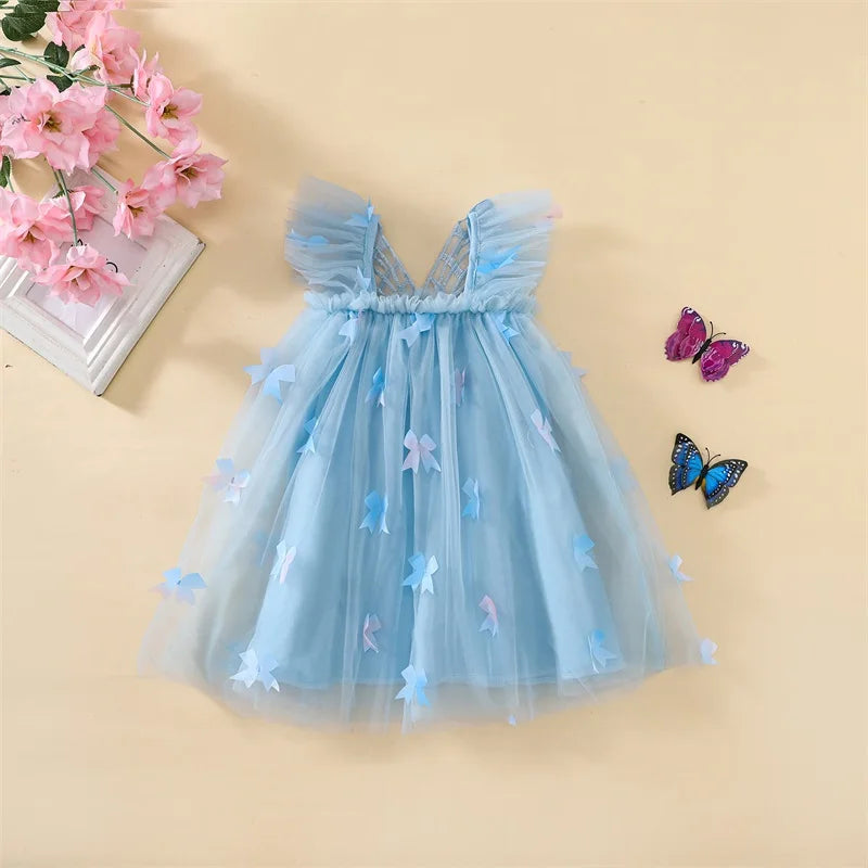Elegant Baby Girl Lace Dress Sleeveless Square Neck Bow Tulle Princess Dress Toddler Party Dress with Angel Wings