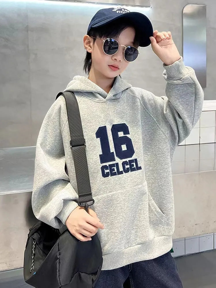2025 Autumn Winter New Boys Mid-Large Size Fleece-Lined Hooded Sweatshirt - Stylish Boys Outerwear
