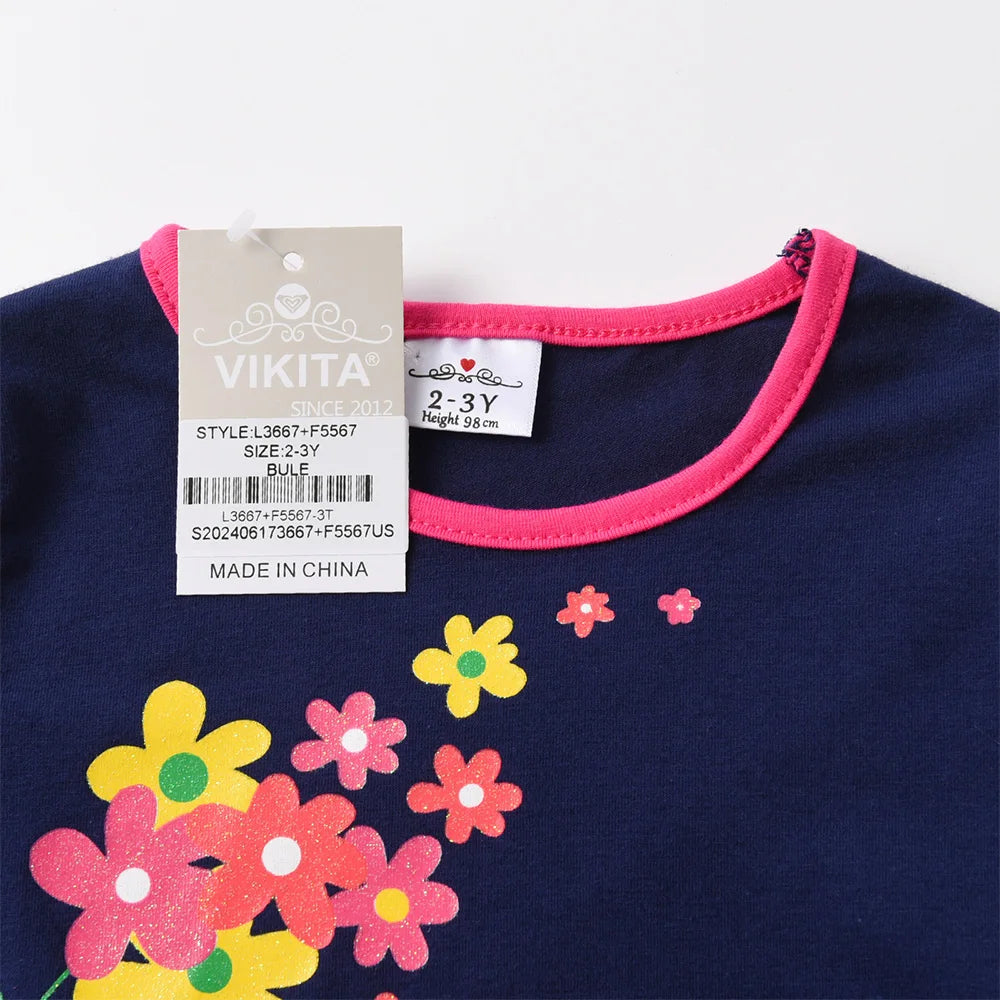 VIKITA Girls Casual Cute Long Sleeve Cotton T Shirt O Neck Squirrel Floral Print Navy Blue Tops Cotton Daily Wear Kids Clothing