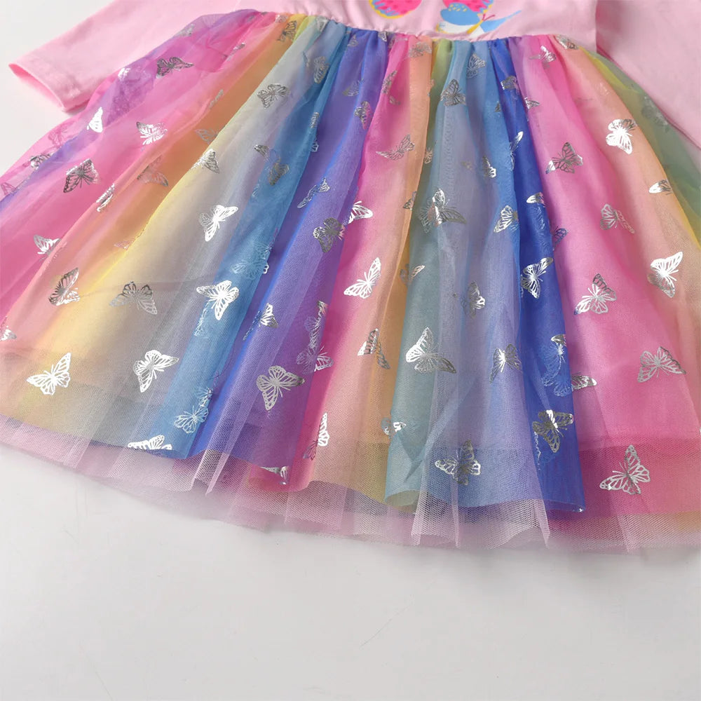 VIKITA Kids Butterfly Flower Print Flare Sleeve Dress Girls Colorful Party Vacation Performance Princess Dress for Kids Clothing