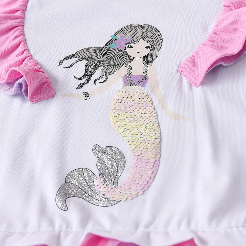 VIKITA Girls Mermaid Sequined Appliqued Cartoon Dress Kids Irregular Mesh Tulle Layered Princess Patchwork Long Sleeve Dresses