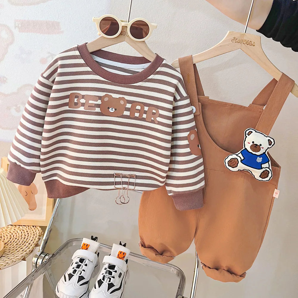 New Autumn Baby Girls Clothes Set Children Boys Striped T-Shirt Overall 2Pcs/Set Kids Clothing Infant Costume Toddler Tracksuits