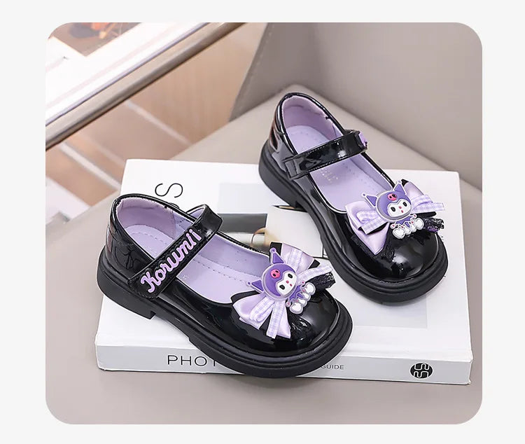 Kids'Sandals Kuromi PU Leather Bow Flat Spring Shoes For Girls Anti-slip Soft Thick Bottom White Black Shoes Size 26-36