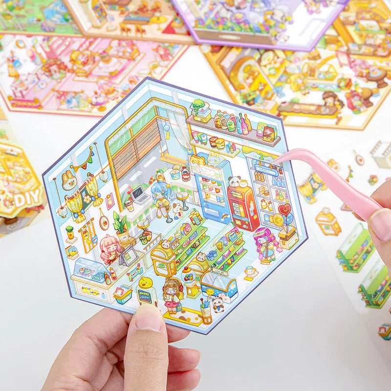 DIY 3D Sticker+Tweezers Cartoon Pocket Princess Room Scene Stacking and Pasting Festival Birthday Gift for Kid Child Student