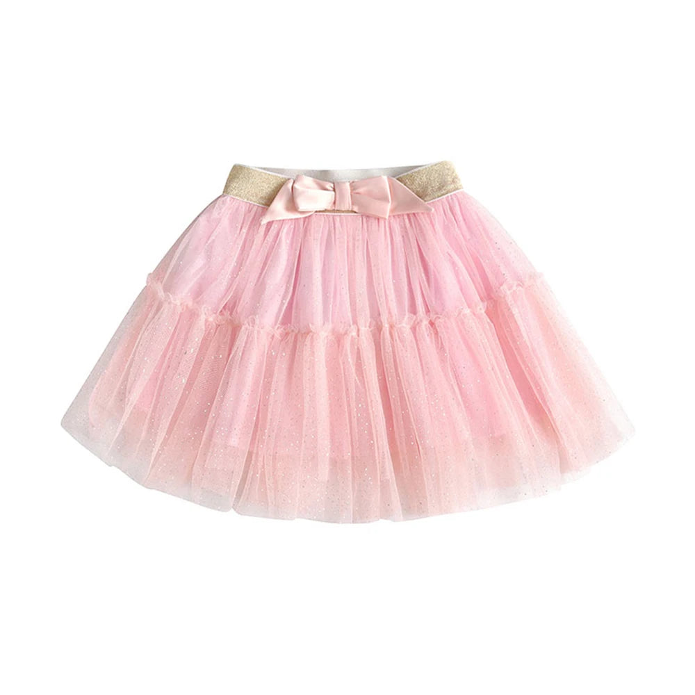 VIKITA Girls Pink Skirts with Bow Knot Kids Shiny Sequins Mini Skirts Girls Birthday Party Casual Daily Mesh Tulle Ballet Skirt