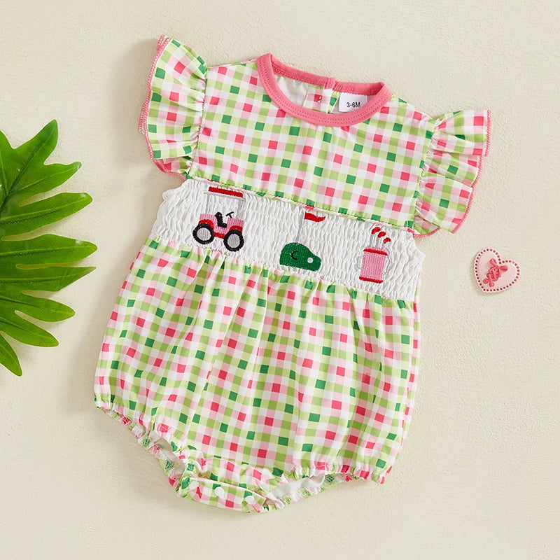 Adorable Infant Romper with Embroidered Floral Design Round Neckline and Flutter Sleeves - Ideal for Warm Weather Seasons