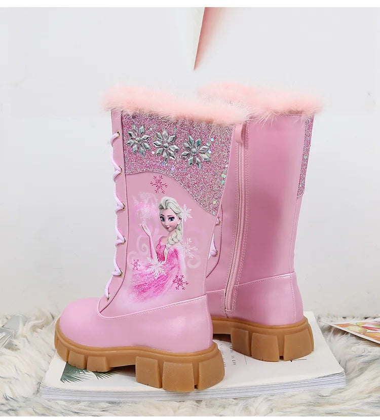 Disney Girls' Princess Elsa Frozen Boots Children's Long Sleeve Boots Women's Cotton Winter Plush Thickened High Sleeve Boots