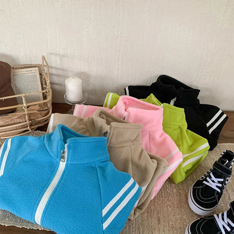 4-10Year Children Outwears Fleece for Winter Autumn Teenager Boy Jackets High Collar Coats Fashion Striped Solid Kid Girl Jacket