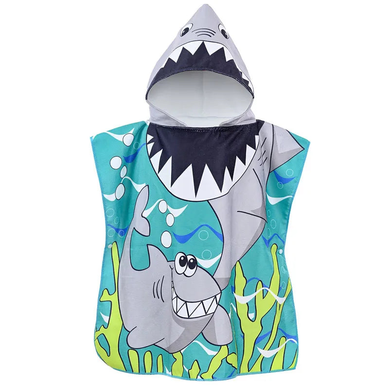 Microfiber Swim Washcloth Kid Hooded Poncho Beach Bath Towel Shark Pattern Quick Dry Changing Cape Bathrobe Child Swimming Towel