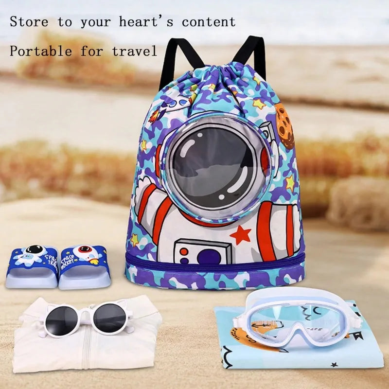 Kids Swim Beach Bag Drawstring Backpack with Shoe Compartment Cartoon Pool Bag for for Wet Swimming Sport Travel Boys Girls