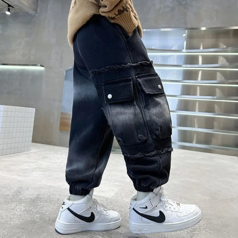 2025 Boys' Cargo Pants All-Season Washed Tie-Dye Denim Long Pants Trendy Casual Style