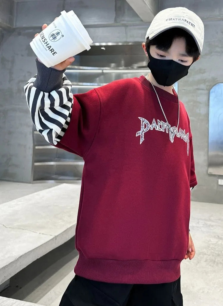 Boys' Medium-Large 2025 New Arrival No Hood Long Sleeve Fake Two-Piece Loose Fit Stylish Sweatshirt for Spring