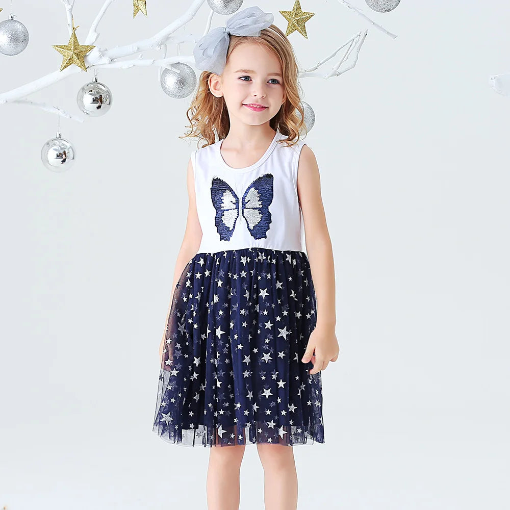 VIKITA Girls Sleeveless Summer Dress Kids Butterfly Sequined Appliqued Princess Party Dress Girls Star Birthday Mesh Dresses